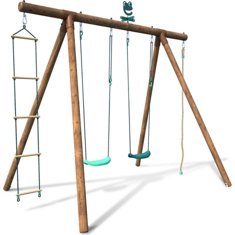 Portique en bois rond 4 agrès avec corde et échelle ERNEST (1/5)