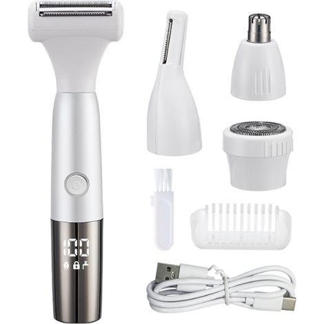 Kit d'épilation multifonctionnel rechargeable 4-en-1 avec écran LED, rasoir pour le visage, le corps et le nez, blanc-argenté (1/5)