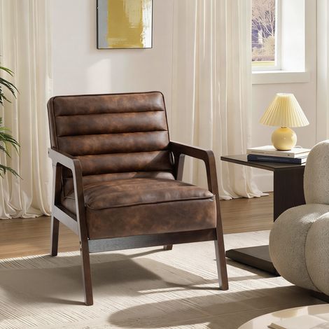 Fauteuil lounge, fauteuil d'appoint recouvert de polyuréthane avec assise large, coussin épais et structure en bois massif, marron (1/5)