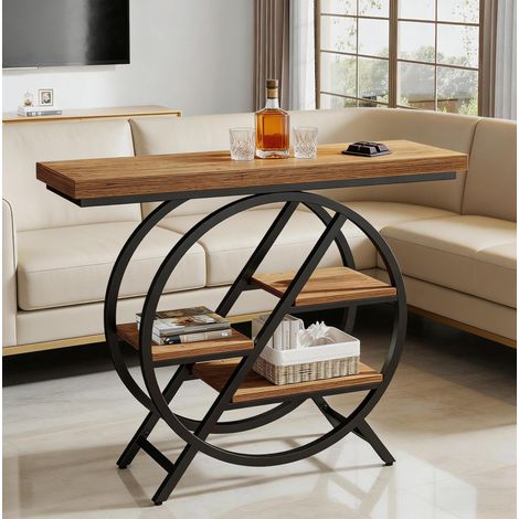 Tavolo consolle con ripiani sfalsati, design aperto, multiuso, metallo e legno marrone chiaro (1/5)