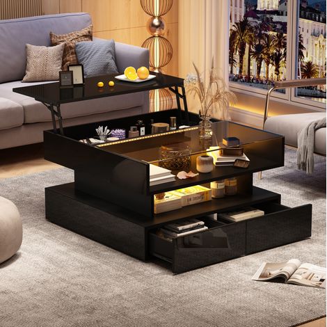 Table basse relevable carrée 80 x 80 x 45 cm avec rangement, 2 tiroirs, LED, noir (1/5)