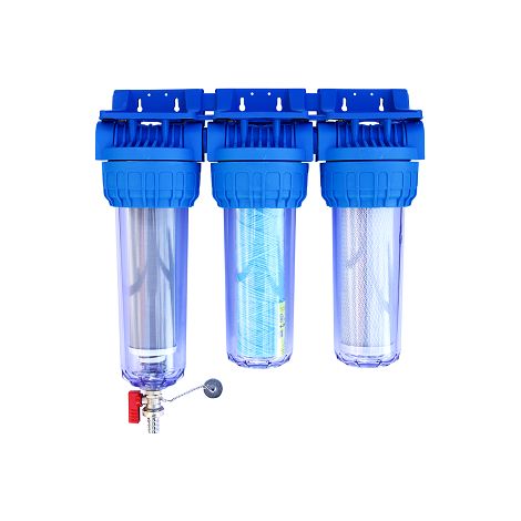 Orion – Filtre à eau de pluie 9" 3/4 – 3 cartouches de filtration 60µ, 20µ et charbon actif – Débit 6,5 m3/h – Pour arrosage et WC