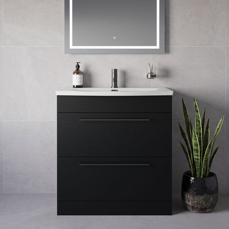 Napoli 390 Nero Oak 800mm 2 Drawer Vanity Unit with Arc Basin - 800mm - Gunmetal Grey 480mm Handle