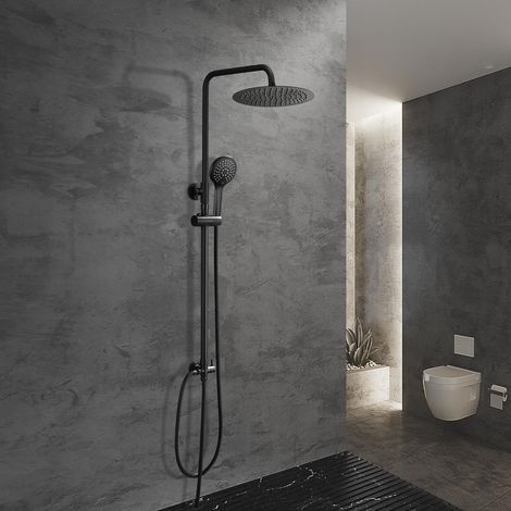 Görbach Duschsäule Schwarz Matt Edelstahl 304 – runde Regendusche Ø20 cm, höhenverstellbare Duschstange, Handbrause, Wandmontage Badezimmer