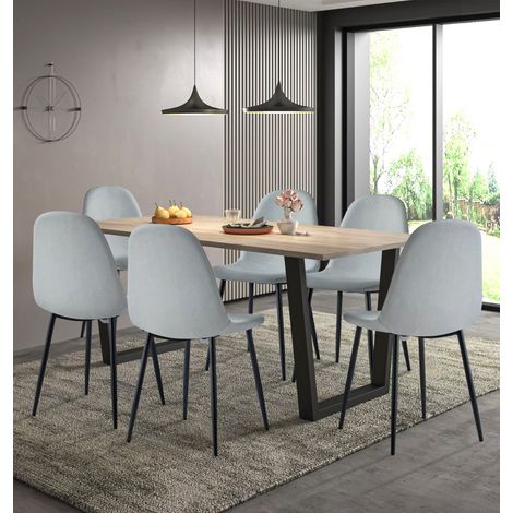 Hallowood Furniture Dudley Large Dining Table and Chairs Set 6, Kitchen Table with Chunky U Shaped Metal Legs and Silver Grey Fabric Chairs for Home and Offices, Modern Dining Table Set For 6 (1/5)