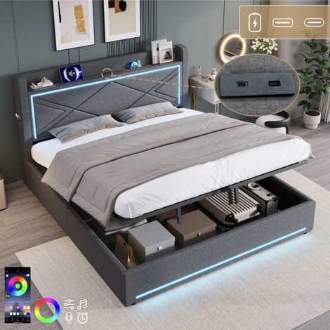 6ft Super King Upholstered Bed Frame with Hydraulic Storage, Linen Ottoman Bed with LED Lighting and Charging Station, USB and Type - C Ports, No Box Spring Needed, Grey (No Mattress)