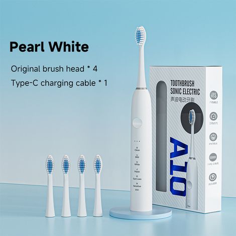 Brosse à dents électrique sonique portable et étanche avec 4 têtes de brosse et 18 modes (blanc nacré)-AquaForge (1/5)