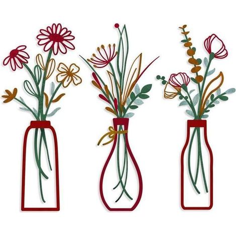 Lot de 3 décorations murales en métal avec fleurs - Décoration simple - Cadeau de pendaison de crémaillère–rouge (1/5)