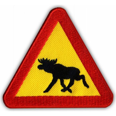 Parche de advertencia con forma de alce - fondo amarillo - reverso termoadhesivo - Parche/insignia/emblema bordado