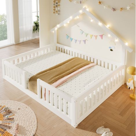 Lit cabane 140x200 cm avec LED et barrière de sécurité, en bois, pour chambre d'enfant - blanc (1/5)