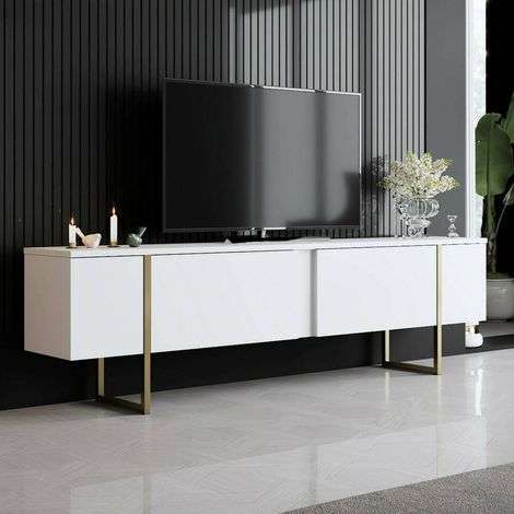 Dmora - Fernsehschrank Dgridell, Ständer für Wohnzimmerfernseher, Niedriges Wohnzimmer-Sideboard, TV-Ständerbasis, 180x30h50 cm, Weiß und Gold (1/5)
