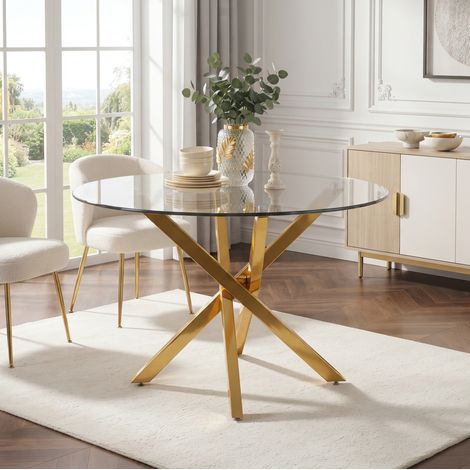 Tavolo da pranzo rotondo 80x80x75 cm in vetro temperato e metallo dorato - MEUBLIV (1/5)