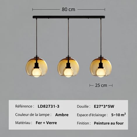 Suspension luminaire 3 têtes linéaire LED 7W lumière chaude en fer et verre 3 réf 0441 3 kg – Livraison gratuite