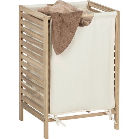 WENKO Cesto per la biancheria in legno Acina, Cesto per i panni in legno con sacco per la biancheria in cotone misto removibile, Capacità 48L, Legno di Acacia FSC - cotone, 40x60x35 cm, Marrone - Beig (1/5)