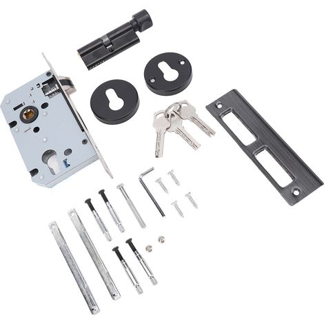 Poignée levier porte entrée avec serrure et clés, kit fer aluminium acier noir 170 mm, 2 poignées 1 cylindre 3 clés, pour chambre salle de bain hôtel bureau intérieur (1/5)