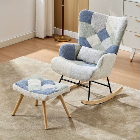 Sillón mecedora con reposapiés, tejido beige y azul, carga 110 kg DESVIAE (1/5)