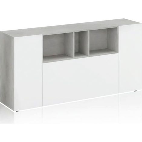 Credenza Moderna Madia A 3 Ante Con Vani a Giorno Mobile Contenitore Salvaspazio Da Terra Ripiani Regolabili Per Ingresso Soggiorno 150 x 41 x 76 Cm Bianco e Grigio Cemento