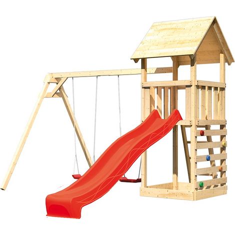 Akubi Lotti Satteldach natur Rutsche rot+DS+Kletterwand