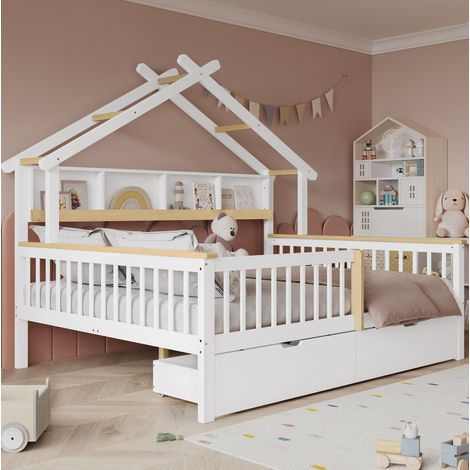 Cama infantil tipo casita 140x200 cm con barandillas de seguridad, 2 cajones, pino y MDF, blanco y natural (1/5)