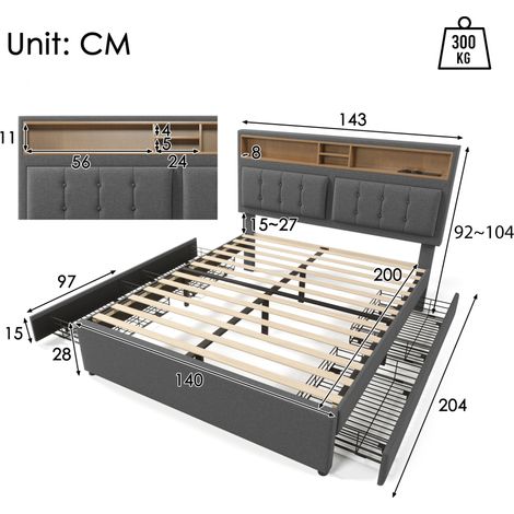 Letto matrimoniale imbottito 140 x 200 cm grigio con 4 cassetti, USB-C e materasso (1/5)
