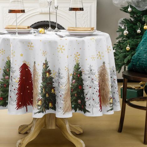 Weihnachtstischdecke rund 160cm abwaschbar mit Weihnachtsbaum & Schneeflocken