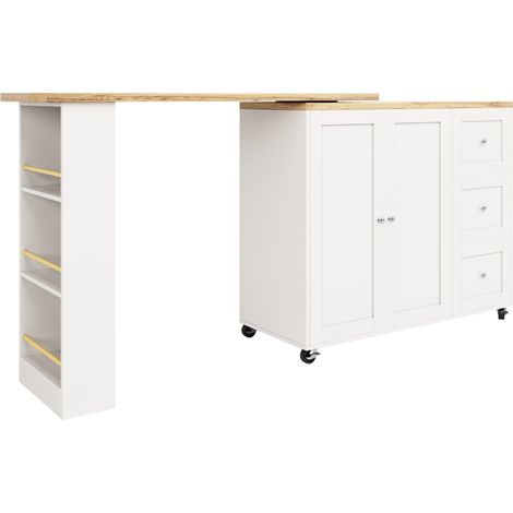 Isola da cucina girevole a 360° su ruote bianca in MDF con 3 cassetti e porta-snack (1/5)
