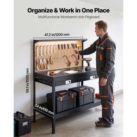 Établi Atelier Garage en Bois Massif 1200 mm, Charge Max. 110 kg, Table de Travail Bricolage avec Panneau Perforé, Tiroirs, 4 Prise… (1/5)