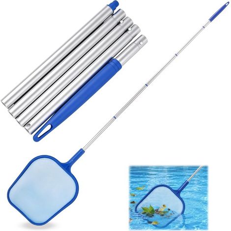Épuisette de Surface pour Piscine avec Tige Télescopique Réglable 161 cm, Filet de Piscine en Aluminium en 5 Sections pour Nettoyer Piscines, Spas, Bassins à Koïs et Sources Chaudes (1/5)