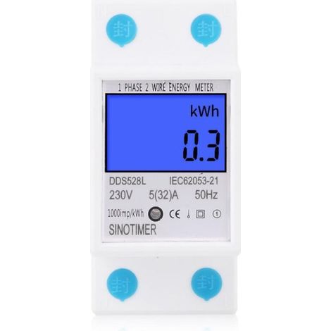 ALLIANDISCompteur électrique, Compteur D'Énergie 230V 5 (32) A 2 fils 2P Écran Numérique LCD avec rail DIN Monophasé Électronique Rail-Électronique d'alimentation numérique KWh