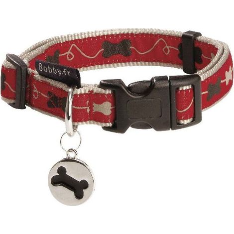 Collare rosso con ricamo a osso e ciondolo modello Kyrielle per cani: Collare rosso 25-40 x 1,6 cm