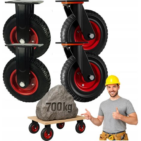 Lot de 4 roues de transport 200 mm – 2 pivotantes et 2 fixes – Charge 700 kg – Caoutchouc plein pour surfaces variées