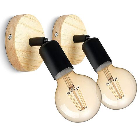 Applique Murale Interieur en Bois Vintage Lampe Murale 180° Rotative Rétro Industrielle E27 Appliques pour Chambres, Salons, Escaliers, Couloir (Lot de 2) (1/5)