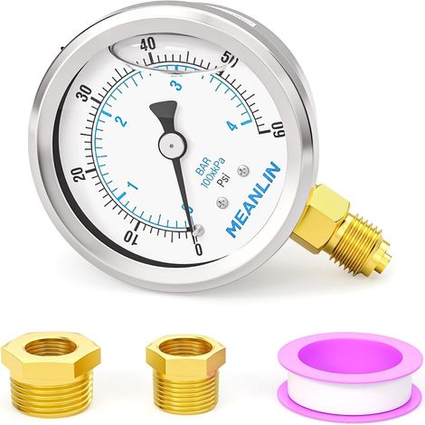 0-4BAR/60Psi Stainless Steel 1/4"BSP 2.5"DIAL FACE Liquid Filled Pressure Gauge WOG Water Oil Air Bottom Mount, with Hex Socket 1/4" x 1/2" BSP and 1/4"x 3/8"BSP (1/5)