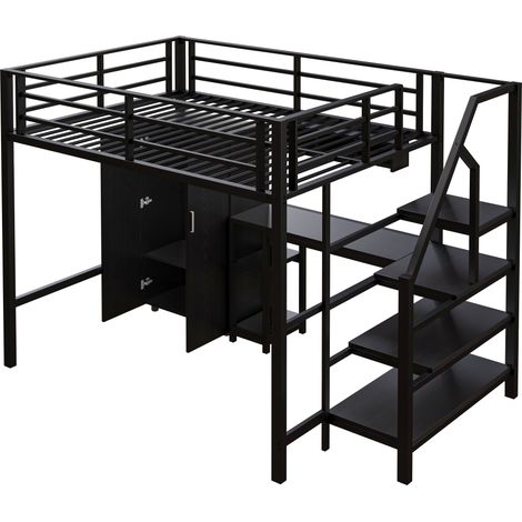 Lit mezzanine enfant 140x200 cm avec bureau, armoire et rangements, métal MDF noir, REDOM (1/5)