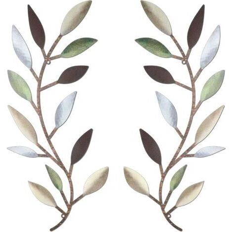 Juego de 2 adornos de pared de metal que representan hojas de árboles y ramas de olivo, para salón, pasillo o decoración exterior (multicolor) (1/5)