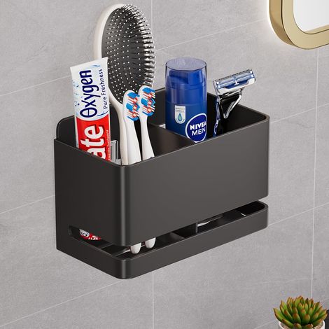 Support pour Brosse à Dents électrique en Aluminium,Noir 2 Fente Fixation murale sans perçage, étanche et antirouille, rangement multifonctionnel. (1/5)