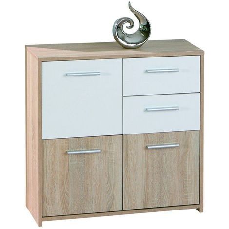 Commode avec 3 portes et 2 tiroirs Chêne de Sonoma, Dim : 77 x 30 x 77 cm -PEGANE- (1/3)