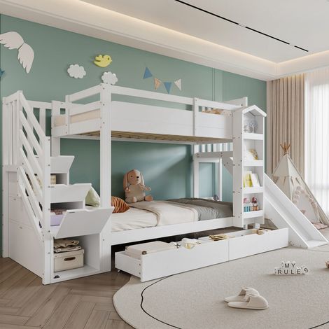 Lit cabane enfant 90x200 cm blanc avec rangement livres, 2 tiroirs, toboggan et coffre escalier (1/5)