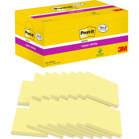 Post-It Notas Adhesivas Super Sticky 654-SSCY-VP16-EU, 76x76 Mm, Amarillo Canary, 16 Blocs x 90 Hojas (1/5)