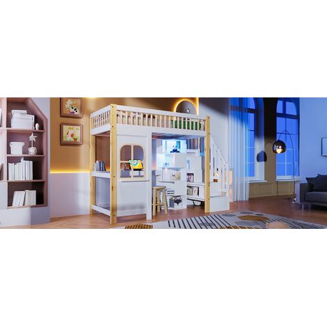 Lit mezzanine 90x200 cm en pin blanc/naturel, bureau, gain de place, sans matelas – MEUBLIV (1/5)