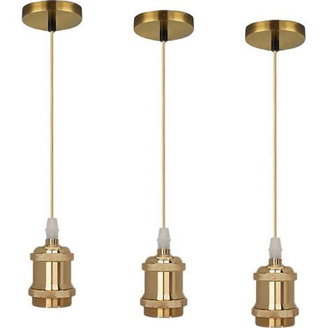 Gold E27 Socket: Set of 3 Vintage Aluminium Pendant Light with Screw Ring, Champagne Gold Textile Cable 1 m Long for Kitchen, Dining Room or Living Room (1/5)