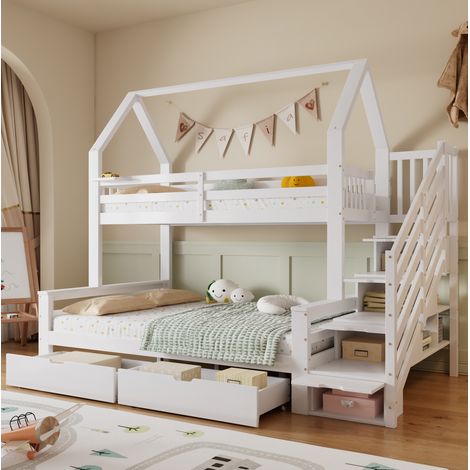 Kinder-Etagenbett mit Schubladen, Stauraum 90x200 cm Weiß OKMYHOME (1/5)