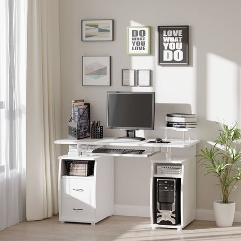 PC-Schreibtisch aus Spanplatte und Stahl mit Tastatur- und Monitorablage, 2 Schubladen und Computerplatz, 120 x 55 x 85 cm, Weiß