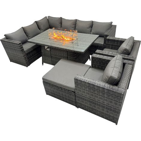 Fimous Rattan Garden Furniture Dining Set 9-seater Gas Firepit Dining Table Corner Sofa Set with Big Stool Dark Grey Mixed (1/5)