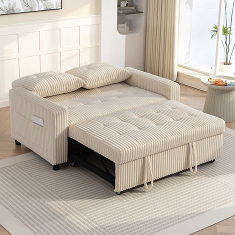 Divano letto a 2 posti, rivestimento in velluto a coste, trasformabile in divano letto, 2 cuscini, tasche laterali, 157 x 190 cm, bianco crema
