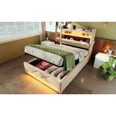 Cama 90x200 cm de lino beige, con LED y almacenaje, ahorra espacio, sin colchón – MEUBLIV (1/5)