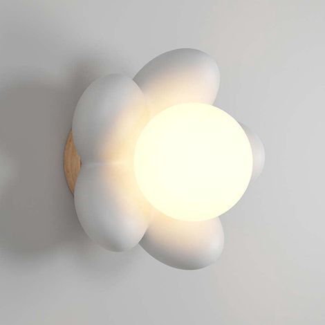 Applique Murale LED Fleur Chambre d'enfant Décoration G9 Lampe Murale Moderne Design De Fleur De Dessin Animé avec Base en Bois Verre Abat-Jour,Blanc (1/5)