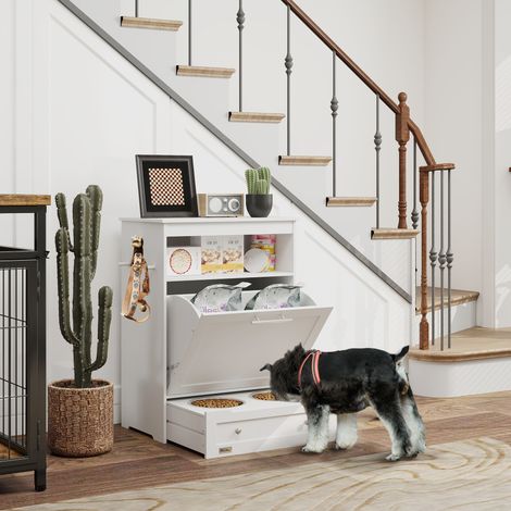 Station d'alimentation pour animaux, armoire de rangement pour accessoires pour animaux, avec gamelles, crochets pour laisses, MDF, blanc