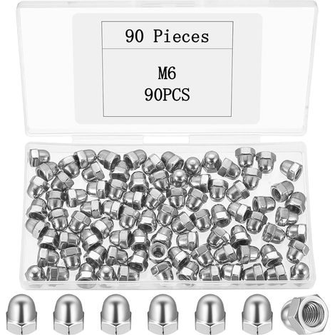90 Pièces Écrous M6, Écrous Borgnes, Ecrous Borgne Hexagonal en Acier Inoxydable, Ecrou Borgne Filetage, Écrous à Dôme Hexagonaux à Tête Bombée pour Vis, Boulons, Voiture, Moto, Vélo(Argent) (1/5)