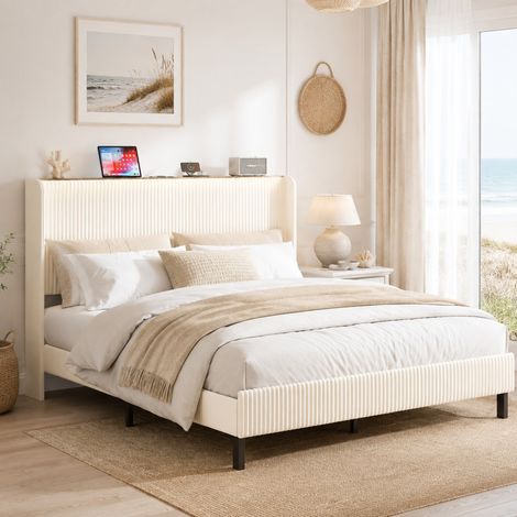 Cama 160x200 cm beige y crema en pana con cabecero acolchado y somier metálico silencioso (1/5)